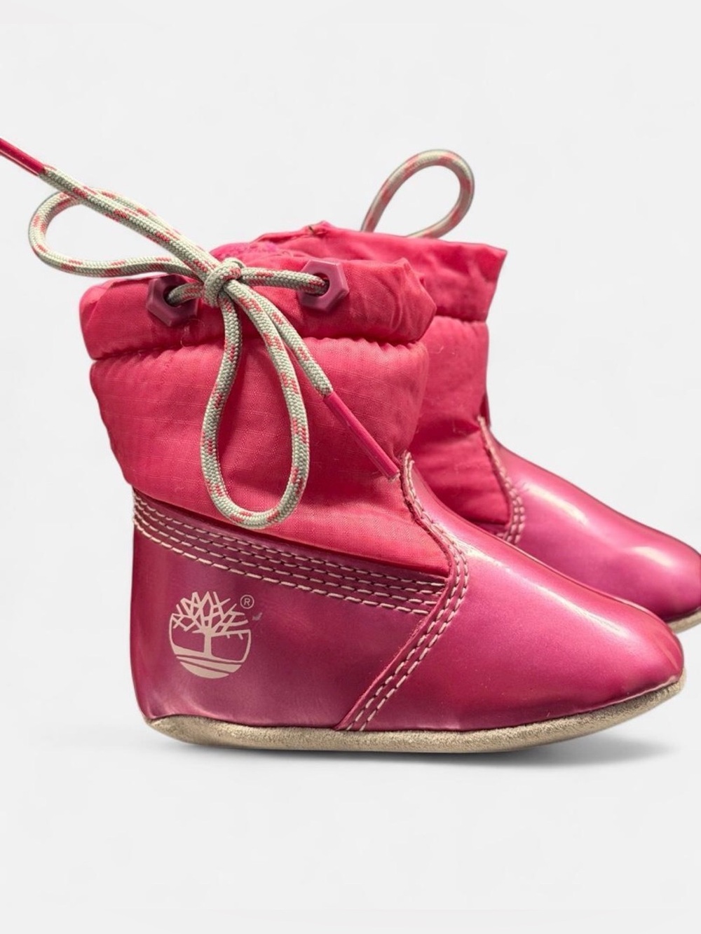 Timberland Pink Leather Ankle Booties Size 1 Fur Lined Draw Cord